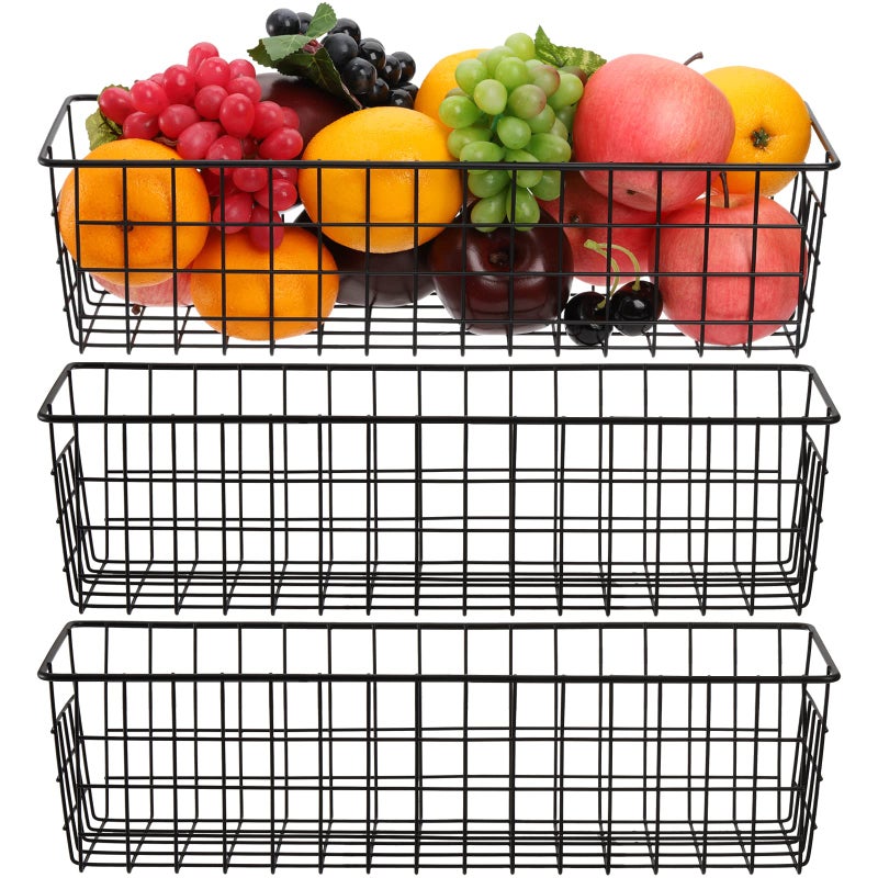 Hedume 3 Pack Metal Wire Storage Organizer Basket, 16.2" x 6.3" x 4.4" Bin Basket with Handles, Versatile Organizer for Kitchen, Pantry, Closet, Laundry Room, Cabinets, Bathroom - Black - Image 2